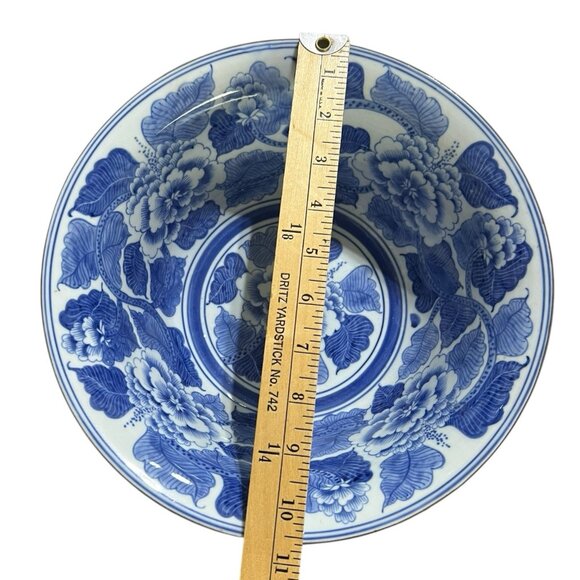 Blue White VNTG Porcelain Peony Bowl Large 10.5” Decor Bowl Floral Chinoserie - Picture 3 of 5